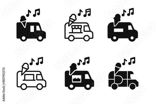 Food Truck Logos. Food truck street parties. Icon set. Set Logo of food truck street parties: barbecue grill beside open truck window. harmonious