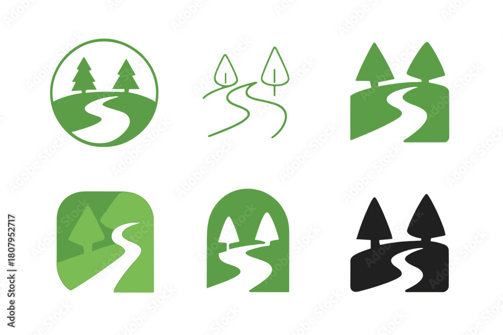 Obraz premium Nature Path Logos. Nature path. Icon set. Set Logo of Nature path: Path through trees. harmonious logo variations of the same emblematic concept, each with