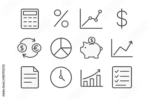 Financial Formula Icons. Financial formulas. Line icon set of financial formulas: calculator, interest rate percent, compound growth chart, dollar sign,
