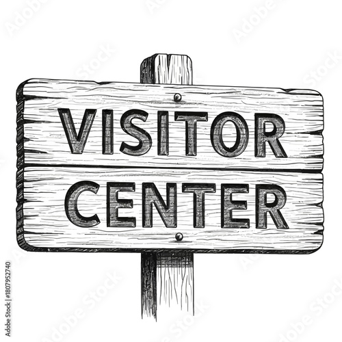 Hand-drawn style visitor center sign on a rustic wooden board