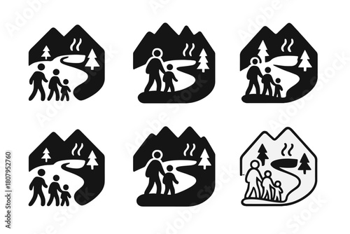 Nature Trail Icons. Hiking and exploring nature trails. Icon set. Set Logo of hiking and exploring nature trails: footsteps leading along a dotted trail.