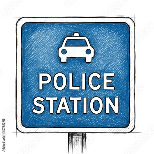 Illustrative police station signage in a blue artistic sketched style