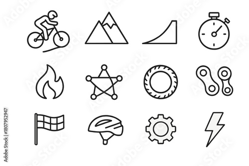 Adrenaline Cycling Icons. Adrenaline cycling. Line icon set of adrenaline cycling: biker jumping, mountain, ramp, stopwatch, flame, star, tire, chain, flag,