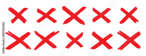 Red cross X mark set. Hand drawn delete symbols collection. Cancel and wrong icons for UI design vector
