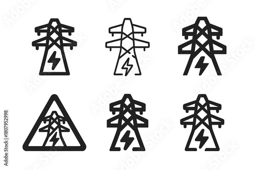 Electrical Safety Icons. Electrical risks. Icon set. Set Logo of Electrical risks: Lightning bolt warning. harmonious logo variations of the same emblematic