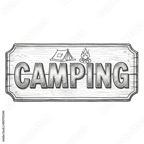 Retro style wooden camping sign with tent and campfire illustration