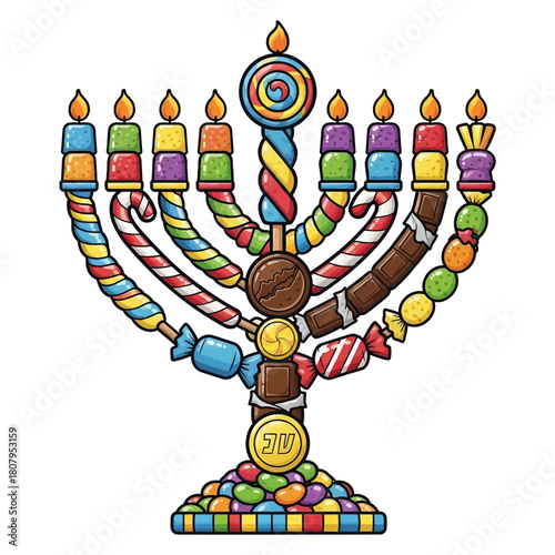 A whimsical and colorful candymaker's menorah, adorned with an assortment of sweets and treats, sparkling with a festive glow