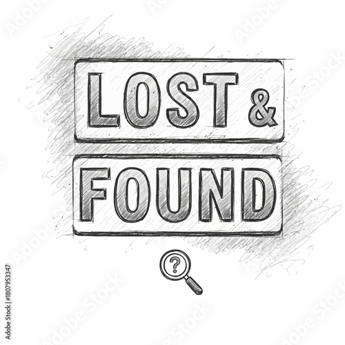 Sketchy Lost and Found Sign with Magnifying Glass on a White Background