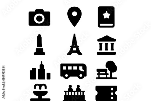 Tourist Attractions Icons. Tourist attractions. Solid icon set of Tourist attractions: camera, map pin, guidebook, monument, tower, museum, city skyline, bus,
