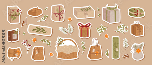 Flat kraft gift box sticker collection in modern trendy style. Present and package label bundle in soft beige and green. Set of xmas box gift sticker for festive use.