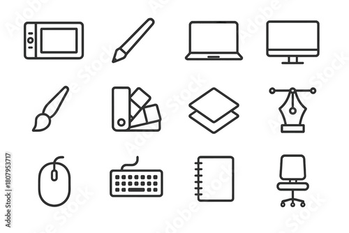 Digital Art Icons. Digital art. Line icon set of digital art: tablet, stylus, laptop, monitor, brush tool, color palette, layer icon, pen tool,