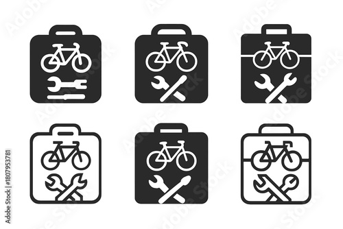 Bicycle Repair Icons. fixing a bicycle. Icon set. Set Logo of fixing a bicycle: oiling the bike chain. harmonious logo variations of the same emblematic