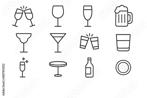 Cheers Line Icons. Cheers moment. Line icon set of cheers moment: clinking glasses, wine glass, champagne flute, beer mug, cocktail glass, martini glass, shot