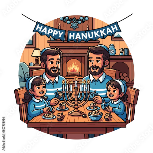 Joyful Hanukkah celebration with a loving family of two fathers and daughters lighting the menorah in a cozy home