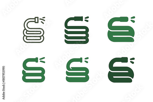 Garden Hose Icons. Garden. Icon set. Set Logo of garden: watering hose. harmonious logo variations of the same emblematic concept, each with different artistic
