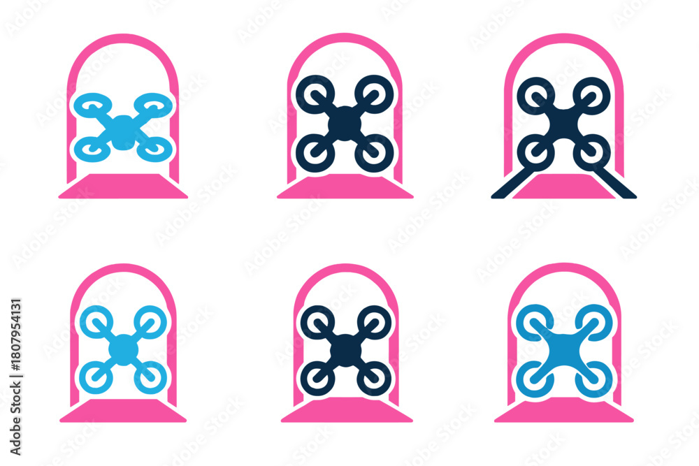 Obraz premium Drone Racing Logos. Drone racing. Set Logo of Drone racing: quadcopter through neon gate. harmonious logo variations of the same emblematic concept, each with