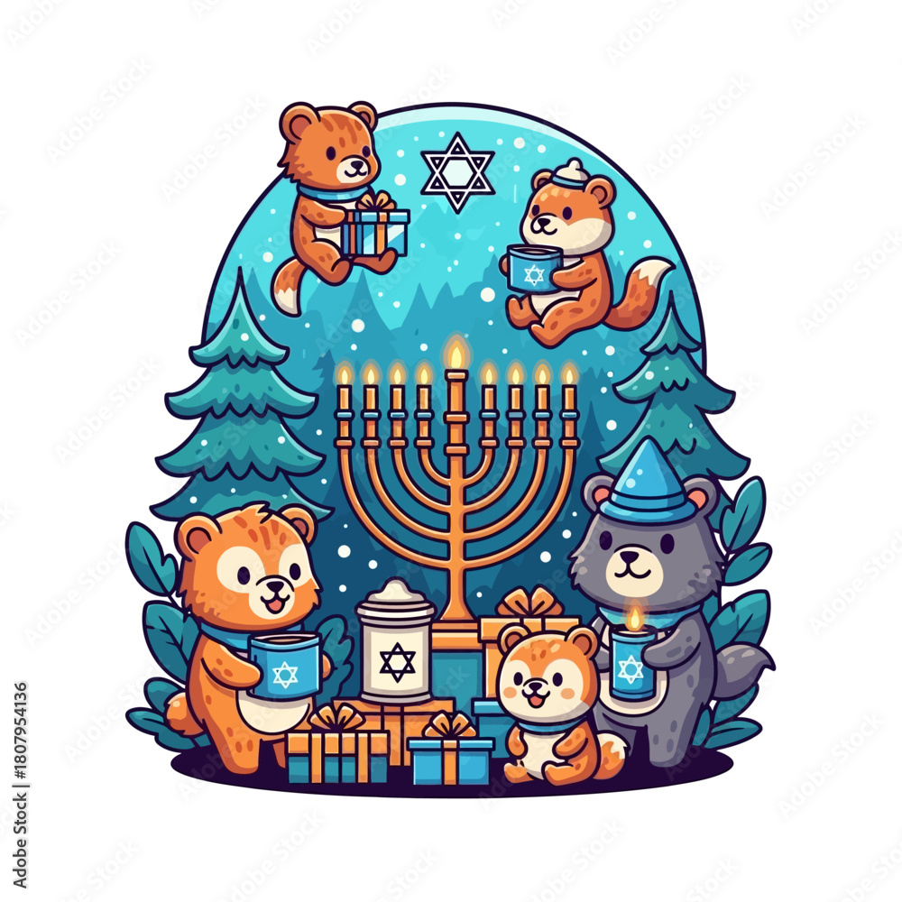 Fototapeta premium Adorable cartoon animals gather to celebrate Hanukkah, surrounded by a glowing menorah, festive gifts, and winter trees, embodying the spirit of the Festival of Lights