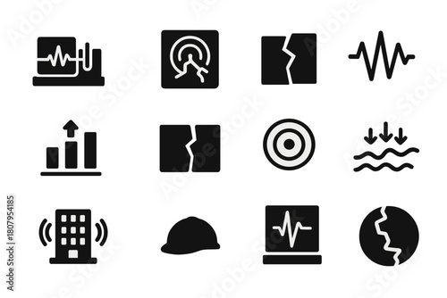 Seismology Icons. Seismology. Solid icon set of Seismology: seismograph, earthquake epicenter, fault line, seismic waves, Richter scale, tectonic crack,