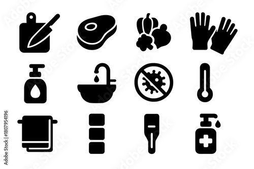 Cross-Contamination Icons. Cross-contamination prevention. Solid icon set of cross-contamination prevention: cutting board, knife, meat, vegetables, gloves,