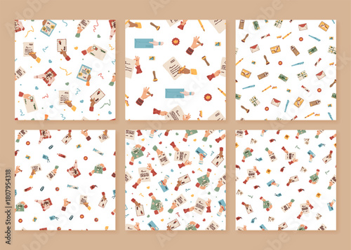 Seamless flat mail pattern set, envelope, letter, paper, postcard, stamp set. Pattern of correspondence, message elements and postal details. Set use for communication, stationery, background projects