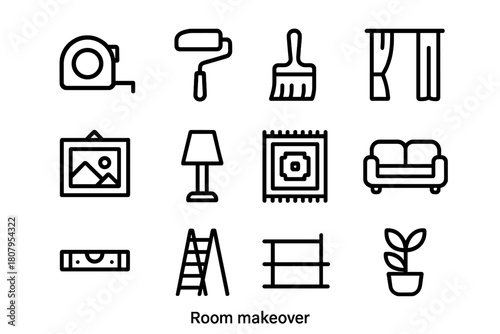 Room Makeover Icons. Room Makeover. Line icon set of Room Makeover: tape measure, paint roller, brush, curtain, wall art, lamp, rug, sofa, level, ladder,