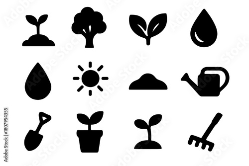 Plant Growth Icons. Plant Development. Solid icon set of Plant Development: sapling, tree, leaves, roots, water droplet, sun, soil mound, watering can, shovel,