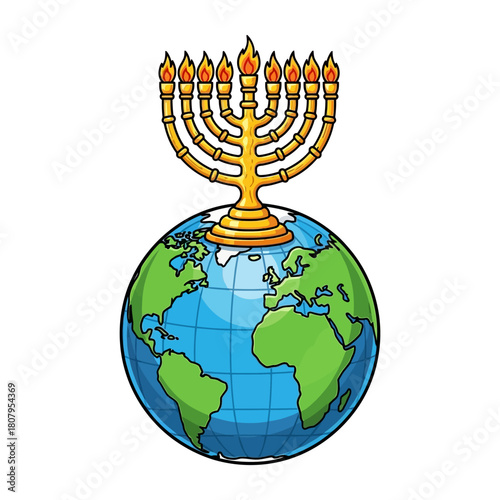 Golden nine-branched menorah, symbolizing the Hanukkah festival of lights, resting on a world globe, representing global celebration and unity