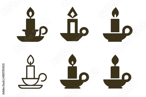 Candle Icon Set. Candle light. Icon set. Set Logo of candle light: candle in holder. harmonious logo variations of the same emblematic concept, each with