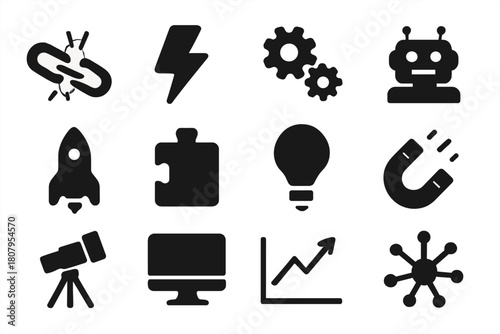 Disruption Icons Set. Disruption. Solid icon set of Disruption: broken chain, lightning bolt, gears, robot, rocket, puzzle piece, light bulb, magnet,