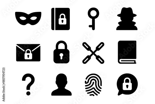 Secret Keeper Icons. Secret Keeper. Solid icon set of Secret Keeper: mask, locked diary, key, shadowed face, envelope, padlock, chains, closed book, question