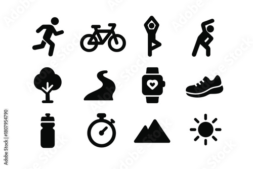 Outdoor Exercise Icons. Outdoor exercise. Solid icon set of Outdoor exercise: runner, bicycle, yoga pose, stretching figure, park tree, trail path, fitness
