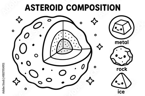 Asteroid Layers Coloring Page. Asteroid composition children?s coloring book illustration, outlined drawing, cutaway asteroid showing layers with icons for