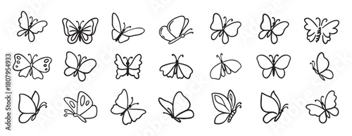 butterfly doodle hand drawn icon set. Outline drawing butterfly line clipart symbol collection