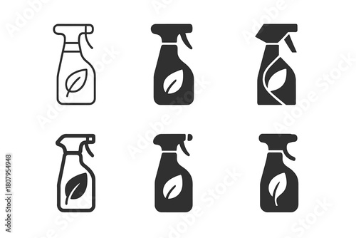 Eco Cleaning Icons. Using Eco-Friendly Cleaning Products. Icon set. Set Logo of Eco Cleaning: spray bottle with leaf symbol. harmonious logo variations of the