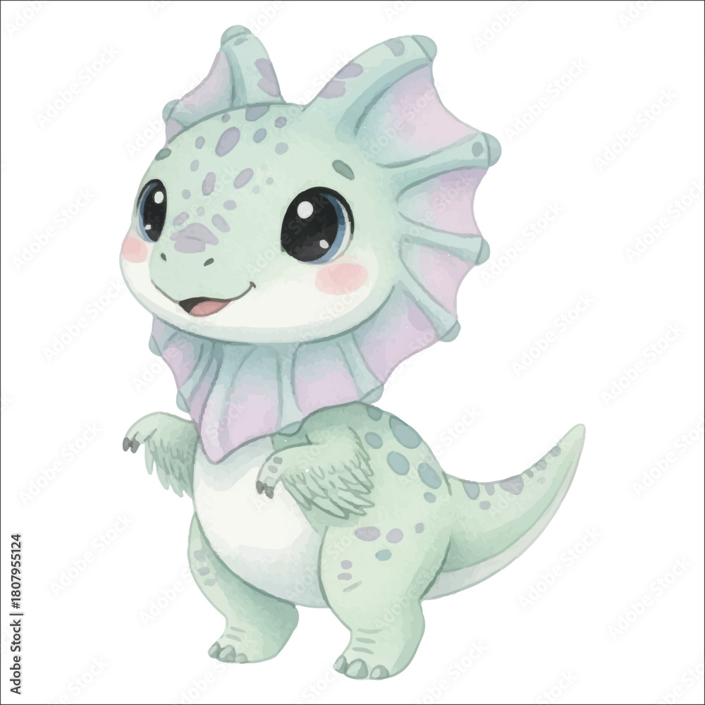 Fototapeta premium Watercolor dinosaurus Dilophosaurus vector isolated on white background cute baby dilophosaurus 