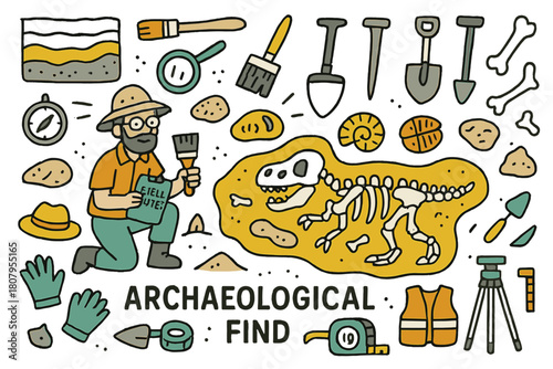 Paleontologist's Excavation Tools. Archaeological find. Hand-drawn doodle illustration paleontologist (colored), dinosaur skeleton (colored), fossils
