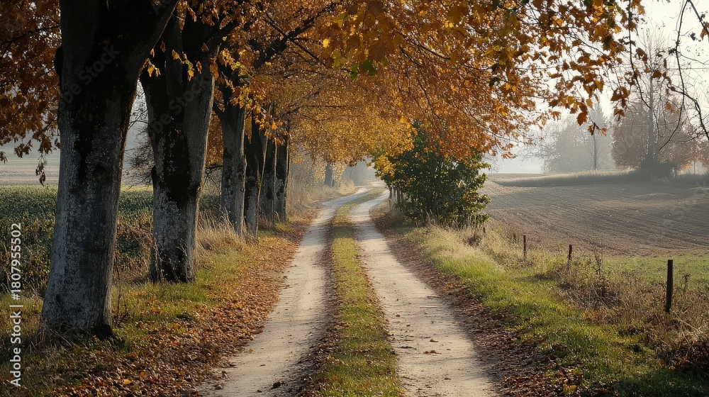 Naklejka premium Country dirt road lined with autumn trees and fog