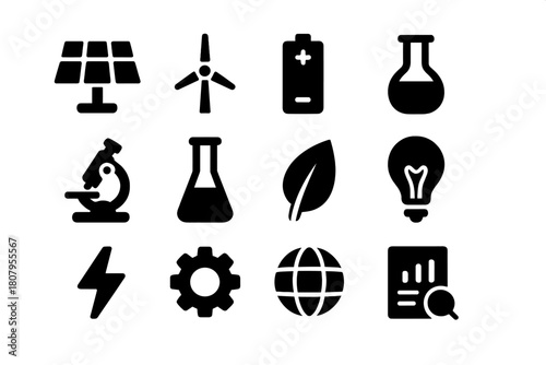 Sustainable Research Icons. Sustainable research. Solid icon set of Sustainable research: solar panel, wind turbine, battery, lab flask, microscope, test tube,