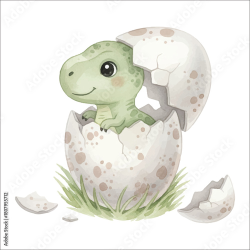 Watercolor baby dinosaur hatching vector isolated on white background dino egg hatch
