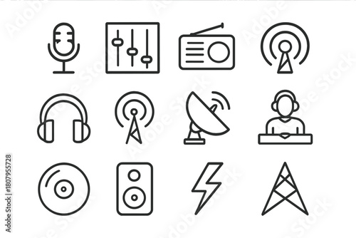 Radio Station Icons. Radio Station. Line icon set of Radio Station: microphone, soundboard, radio, signal wave, headphone, antenna, satellite dish, DJ, vinyl,
