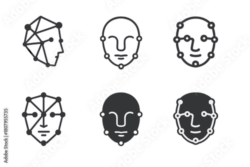 Diverse Face Recognition Logos. Facial recognition. Icon set. Set Logo of facial recognition: neural network nodes forming a face. harmonious logo variations