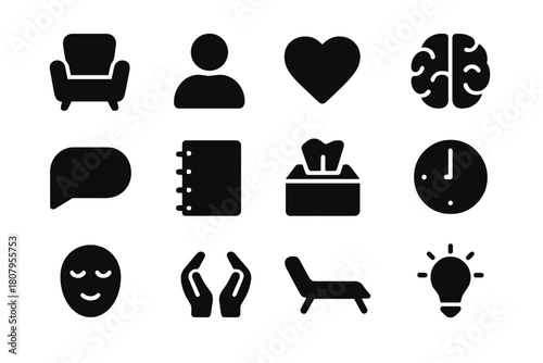 Therapy Icon Set. Therapy and counseling for mental well-being. Solid icon set of Therapy and counseling for mental well-being: therapist chair, client