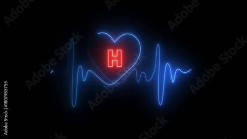 Neon heart with letter H and electrocardiogram pulse on black background heartbeat