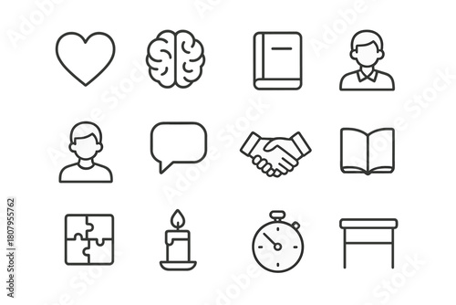 Social-Emotional Icon Set. Social-emotional tools. Line icon set of social-emotional tools: heart, brain, journal, teacher, student, speech bubble, handshake,