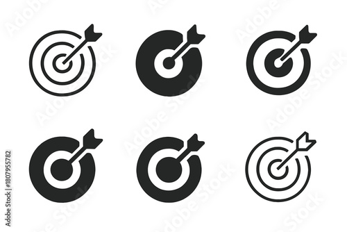 Target Icons Grid. Self-motivation. Icon set. Set Logo of Target: Bullseye focus. Abstract geometric, Filled silhouette, Flat solid, Minimal outline, Iconic