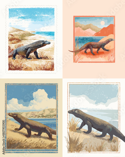 Watercolor style illustration of Komodo dragons walking across coastal landscapes with hills beaches and sunny skies. Ideal for wildlife themes nature education travel posters and fauna design.