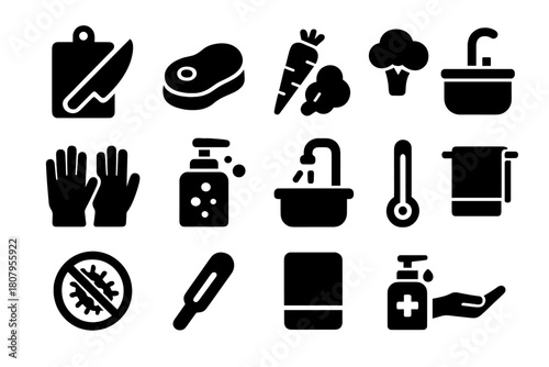 Cross-Contamination Icons. Cross-contamination prevention. Solid icon set of cross-contamination prevention: cutting board, knife, meat, vegetables, gloves,
