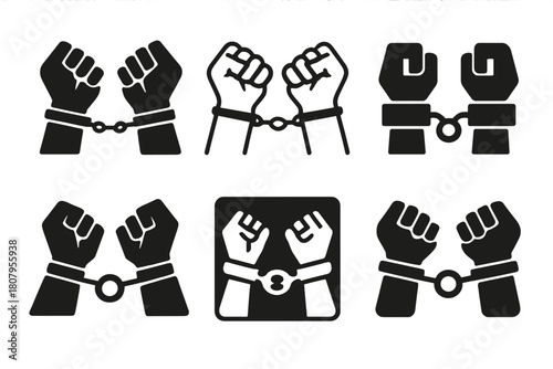Arrest Icon Variations. Person Arrested on Suspicion of Crime. Icon set. Set Logo of Arrest Scene: police handcuffing suspect. harmonious logo variations of