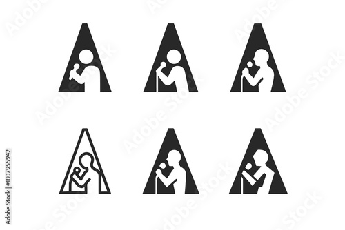 Singer Spotlight Logos. Singer in spotlight. Icon set. Set Logo of singer in spotlight: dramatic light and stage presence. harmonious logo variations of the