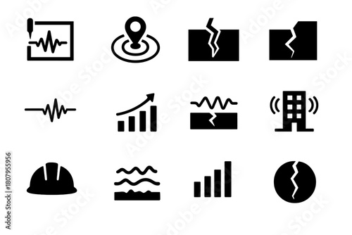 Seismology Icons. Seismology. Solid icon set of Seismology: seismograph, earthquake epicenter, fault line, seismic waves, Richter scale, tectonic crack,